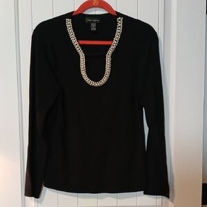 Chico's Black Long Sleeve Top with Beaded Neckline